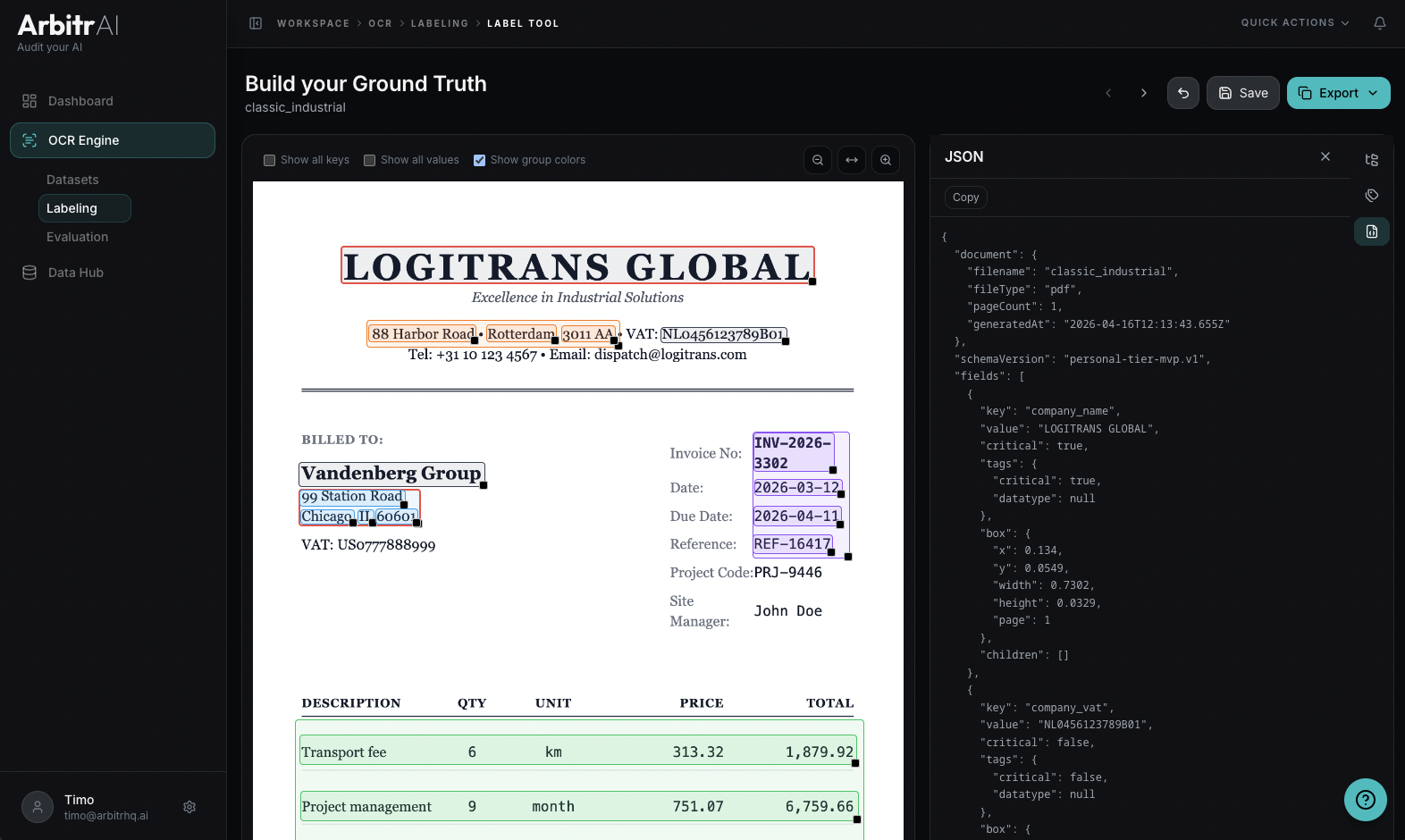 JSON export view